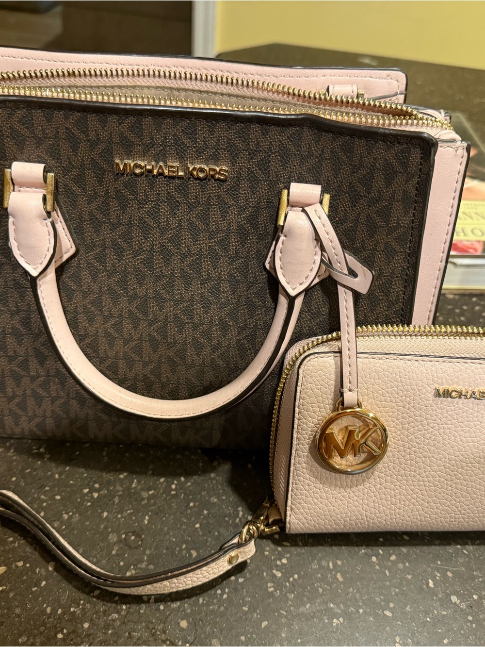 Michael Kors Brown Signature Satchel with Pale Pink Trim and Wristlet
